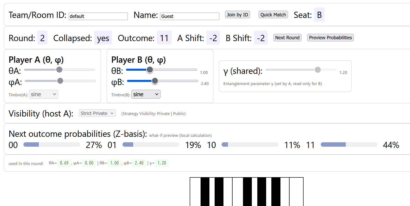 Quantum-Game Dual Synth interface for player B, showing strategy controls and outcome probabilities